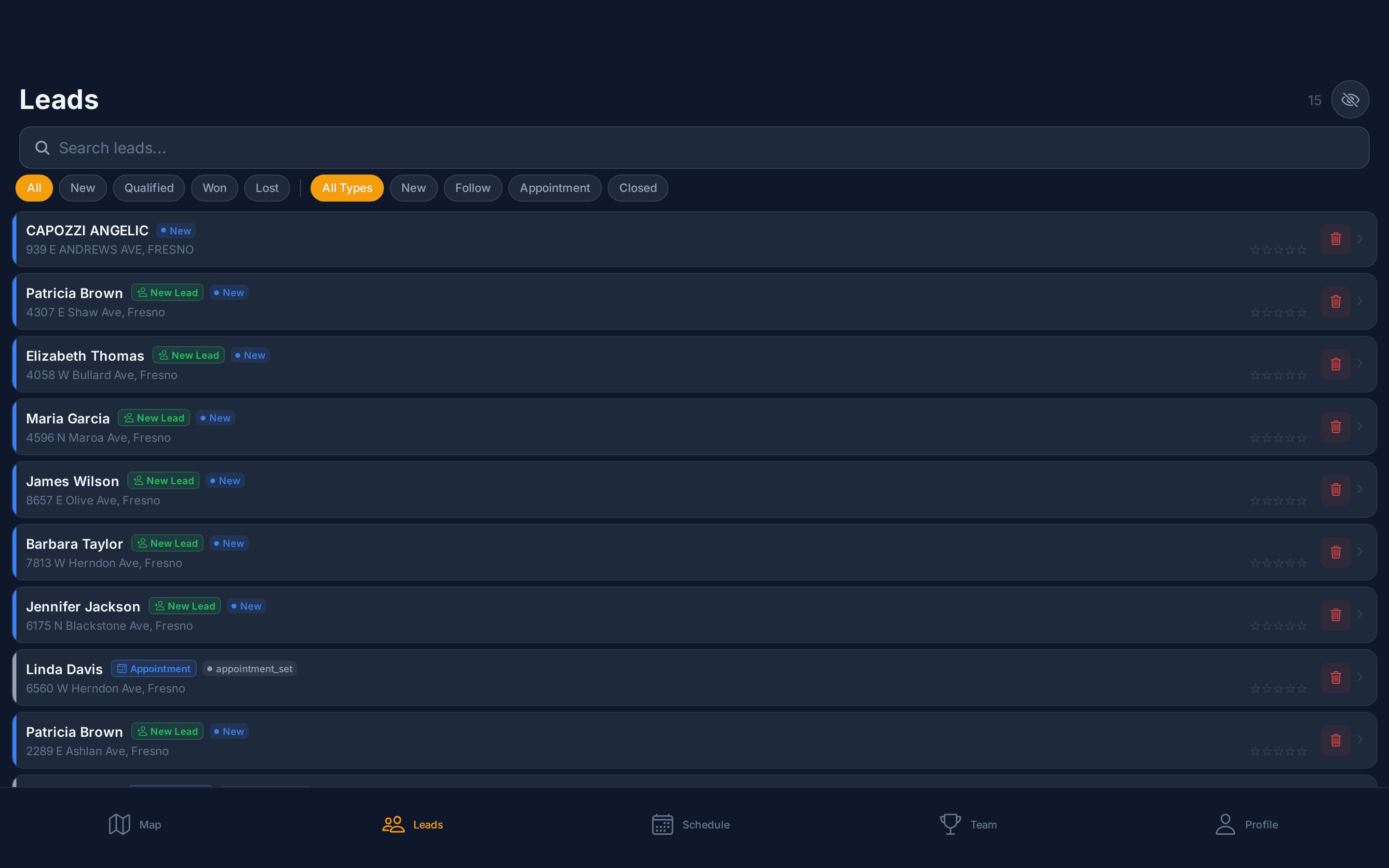Leads list with status, type, and address