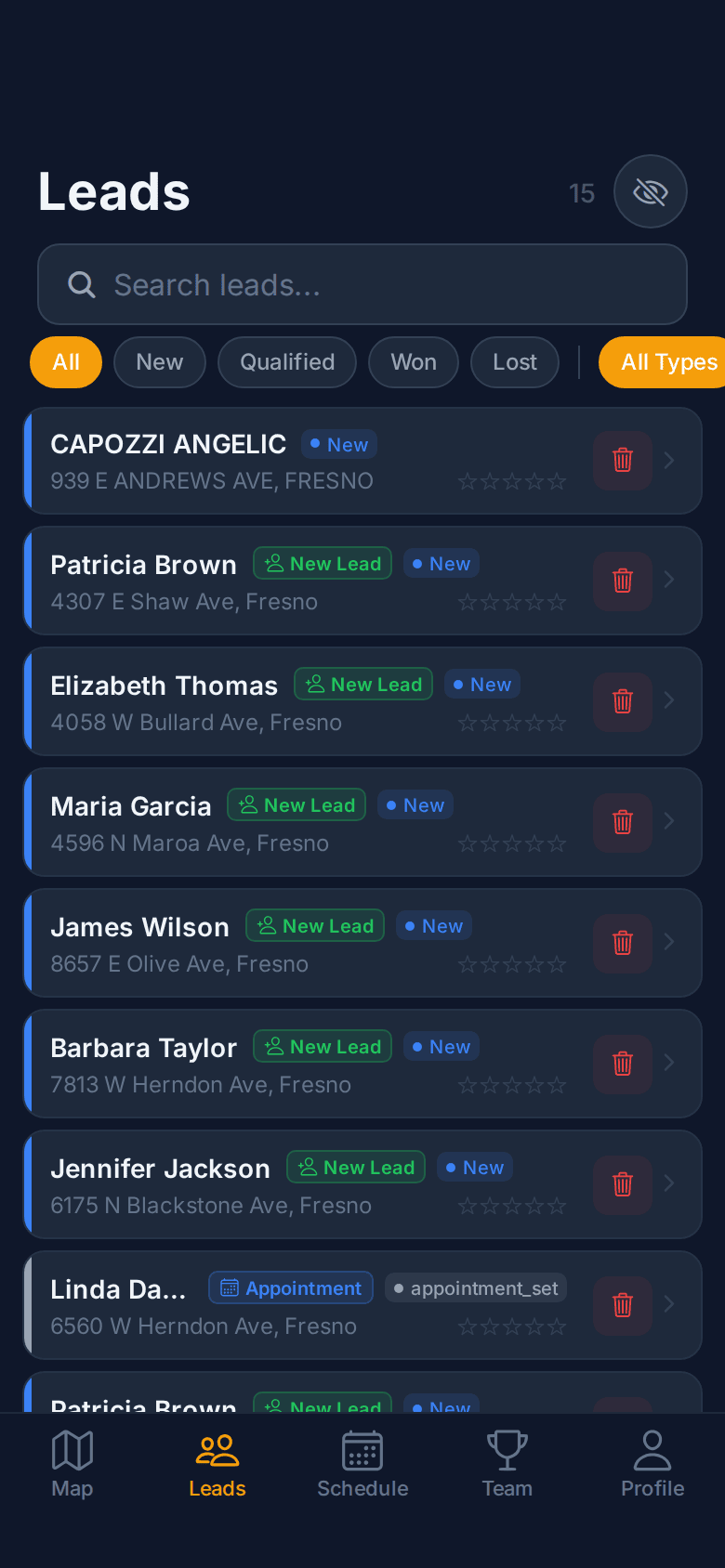 Leads list on mobile